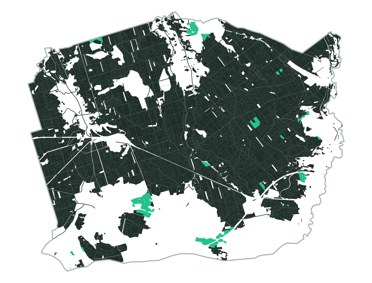 Mapa Nadleśnictwa Węgliniec z wydzieleniami, których środek leży dalej niż 750 m od najbliższej drogi