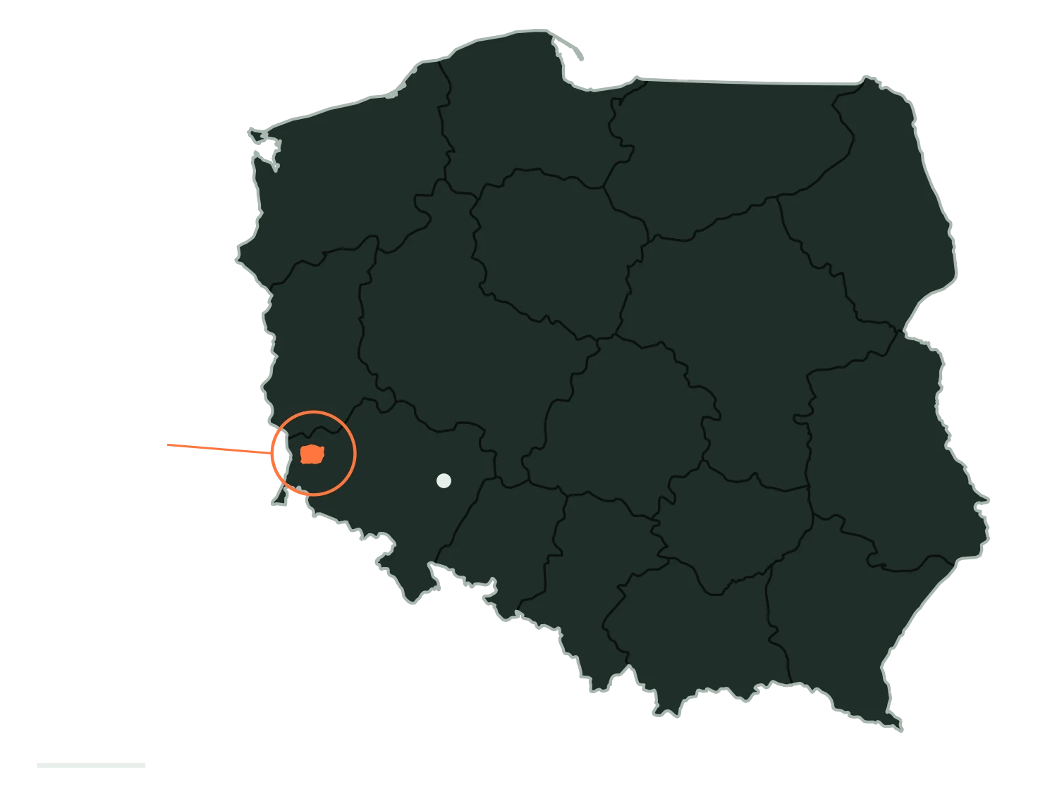 Mapa Polski z zaznaczonym Nadleśnictwem Węgliniec na zachód od Wrocławia