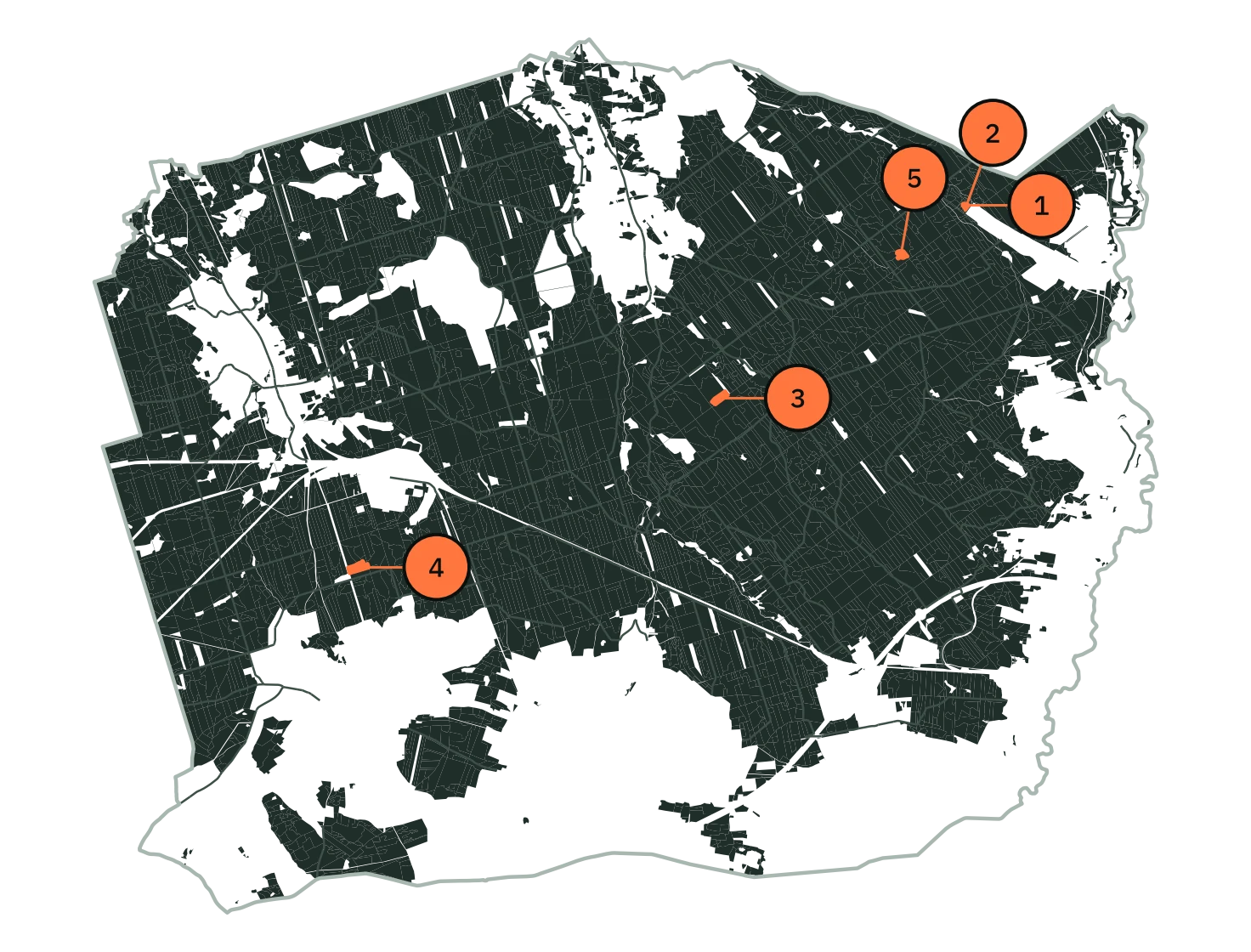 Mapa Nadleśnictwa Węgliniec z pięcioma wydzieleniami o najwyższym wskaźniku, oznaczonymi od 1 do 5